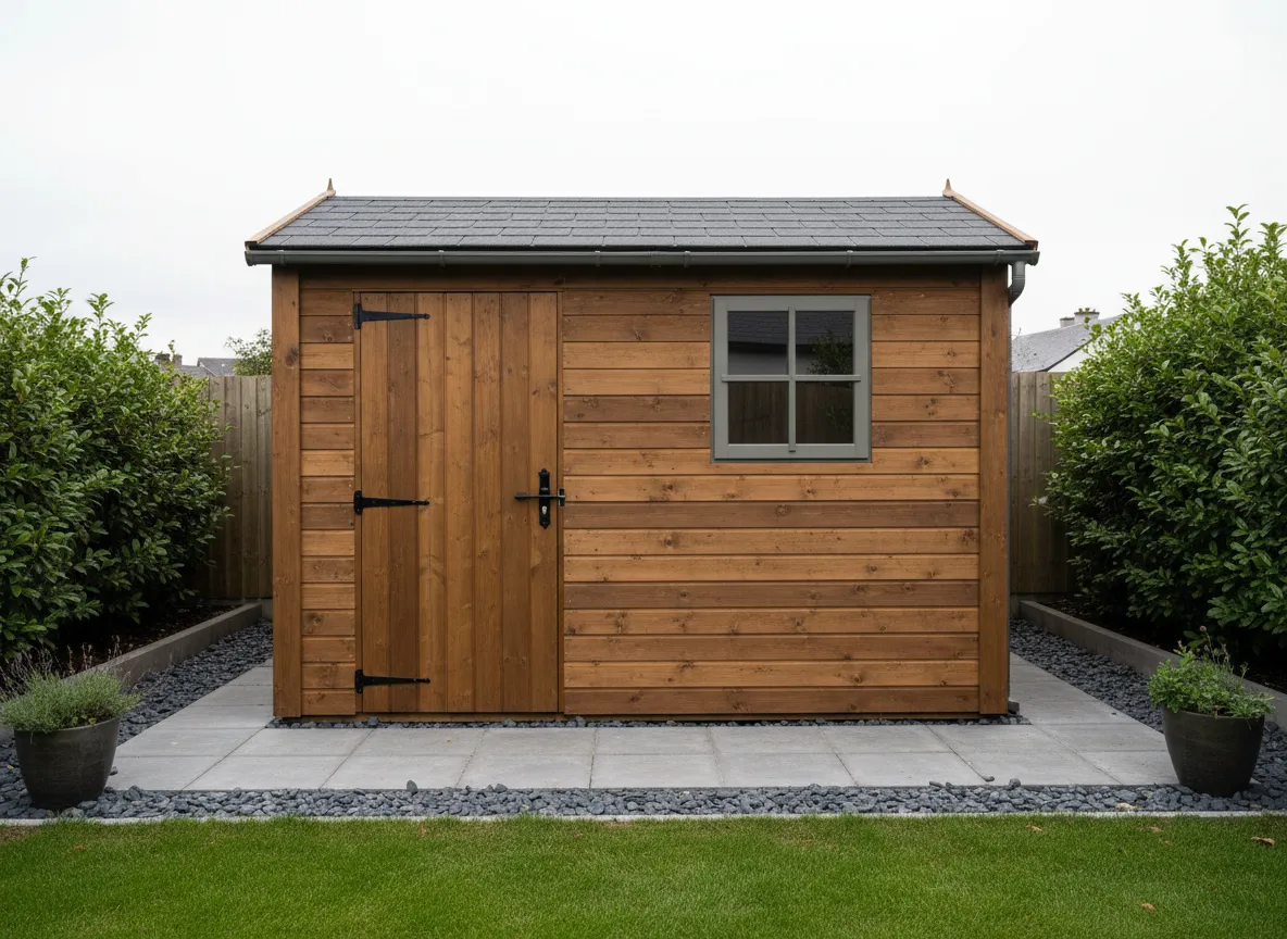 [IMAGE: New timber garden shed or workshop with tidy finish]